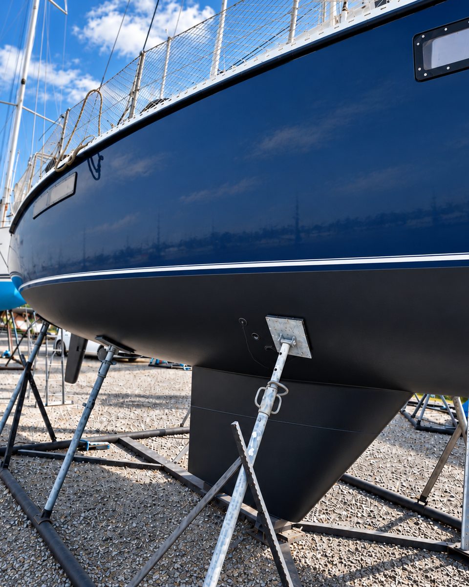 La même coque après application de l’antifouling neuf, anode et passe-coque remis à neuf