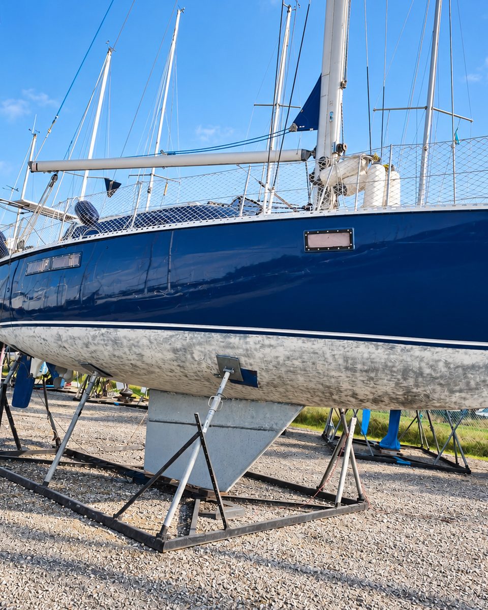 Coque de voilier au sec sur son ber, ancien antifouling décapé et poncé