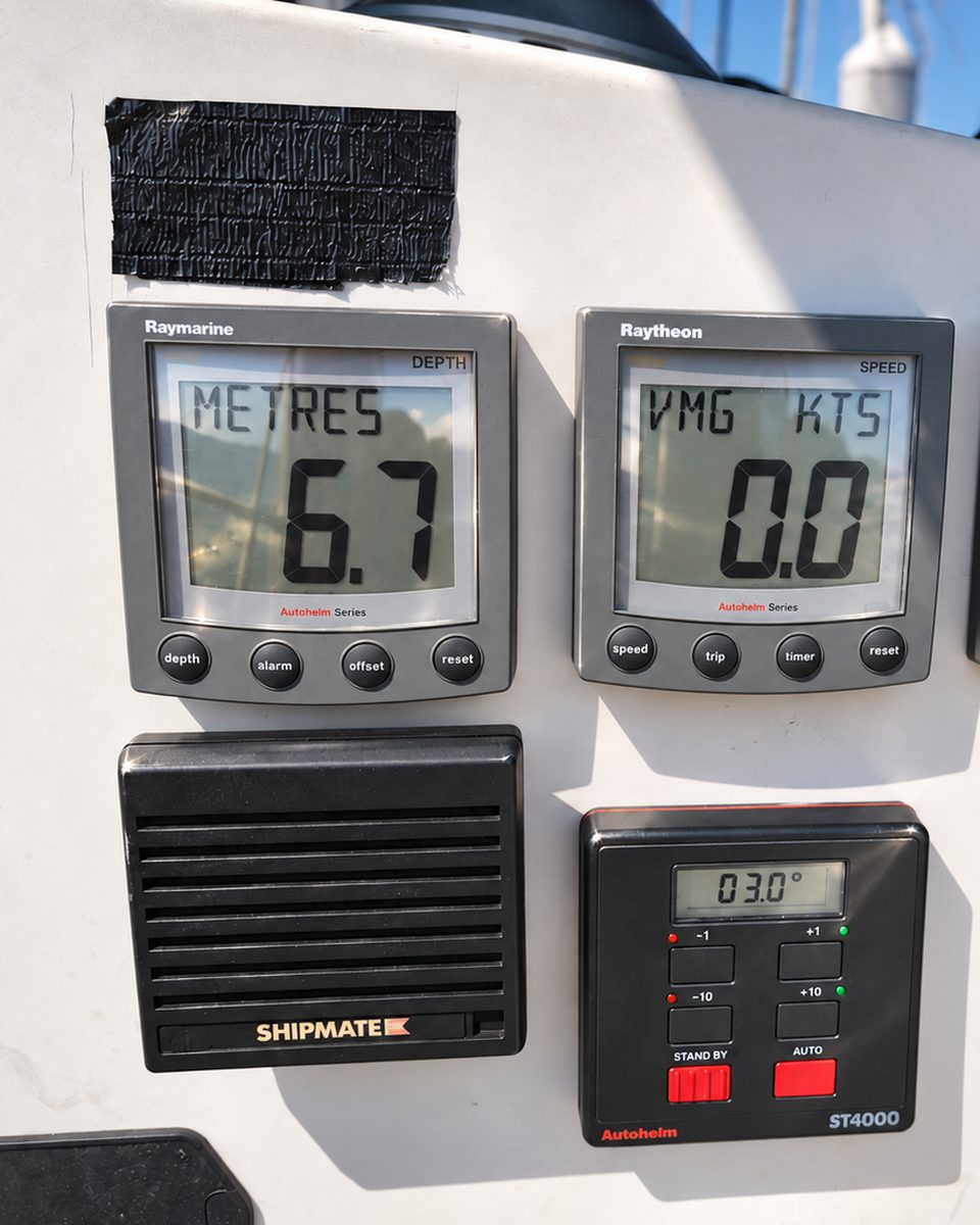 Poste d’instruments sur un roof de voilier : sondeur affichant 6,7 mètres, speedomètre, haut-parleur de VHF et pilote automatique Autohelm ST4000 au cap 03°