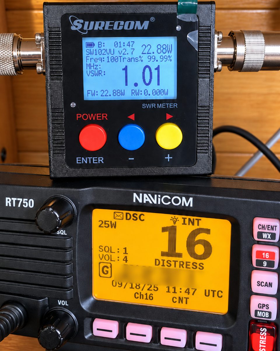 ROSmètre branché en sortie d’une VHF fixe Navicom RT750, elle-même calée sur le canal 16