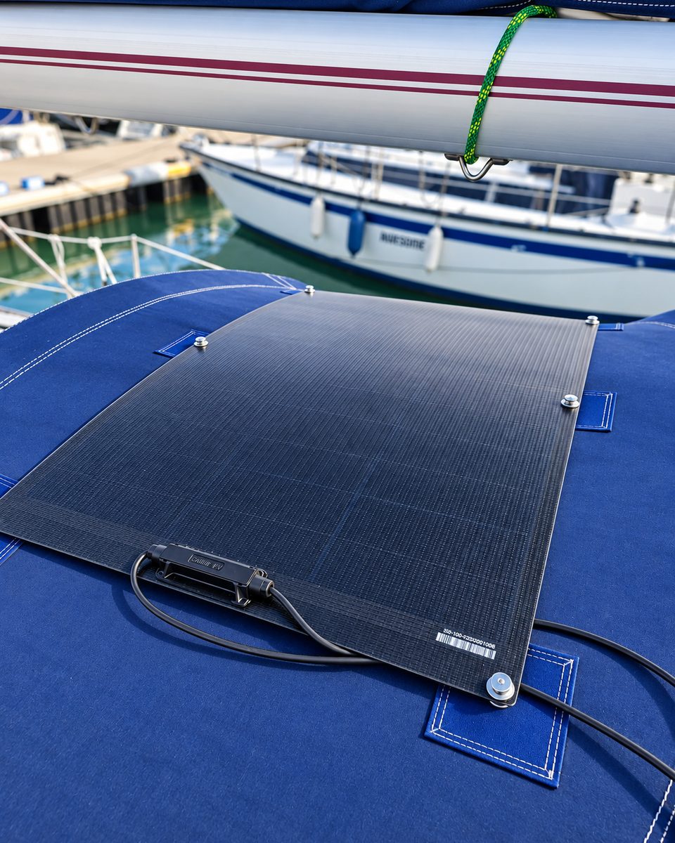 Panneau solaire souple posé sur la capote d’un voilier, boîtier de jonction et câble apparents