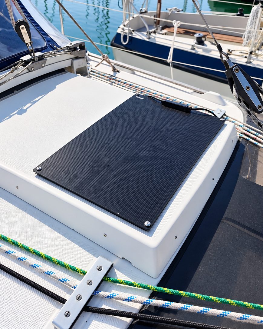 Panneau solaire semi-rigide noir vissé sur le roof d’un voilier, boîtier de jonction et câble le long du bord