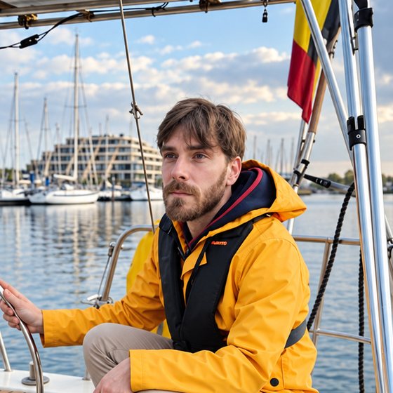 Ludo, de RefitCraft, assis à la barre d’un voilier au port